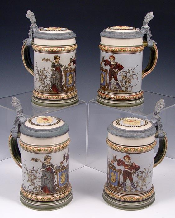 4 METTLACH STEINS #1725: Etched