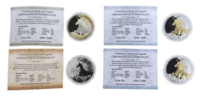 (4) ONE OUNCE SILVER UNICORN COINS,
