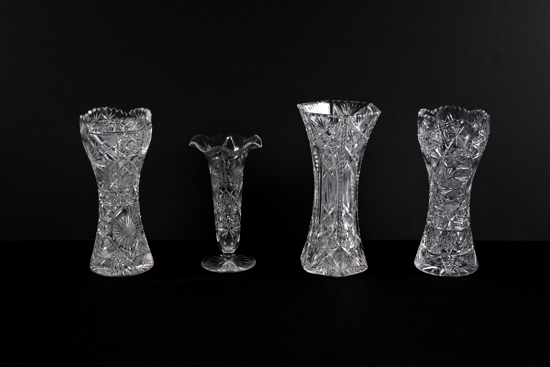 4 PC. CUT GLASS VASES: Four Early
