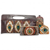 (4 PC) LEATHER & FEATHERS BAG