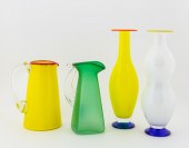 4 PCS, ART GLASS, VASES & PITC
