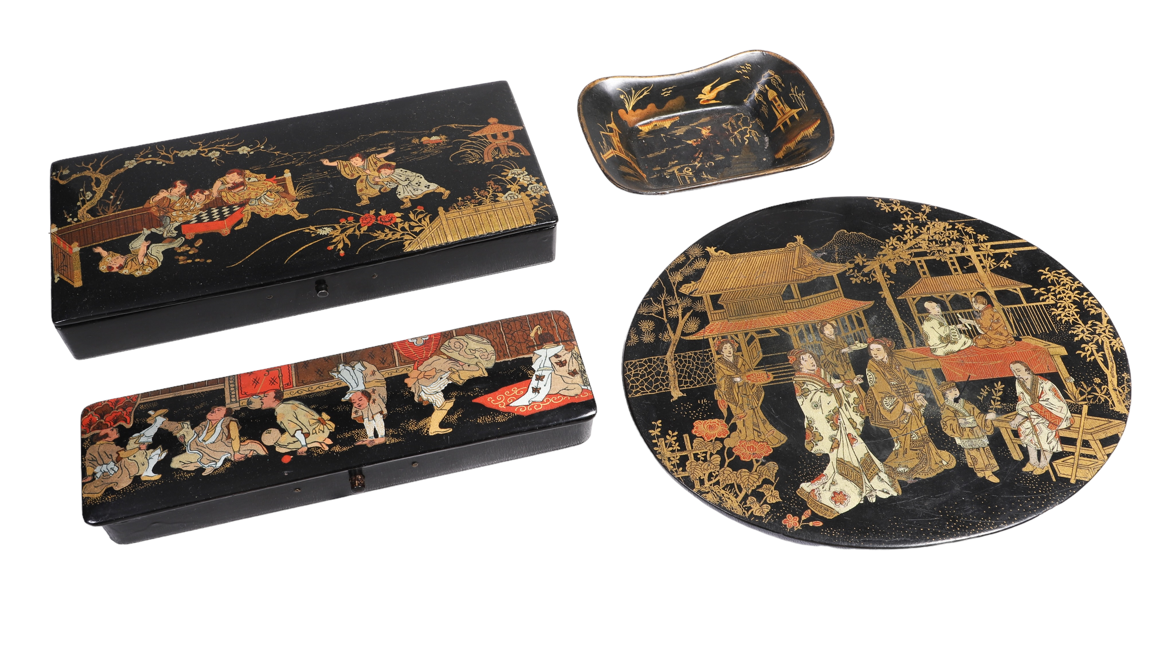 (4) Pcs Asian lacquer, c/o box with