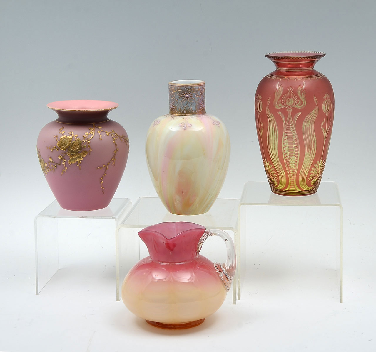 4 PIECE ART GLASS VASE & PITCHER