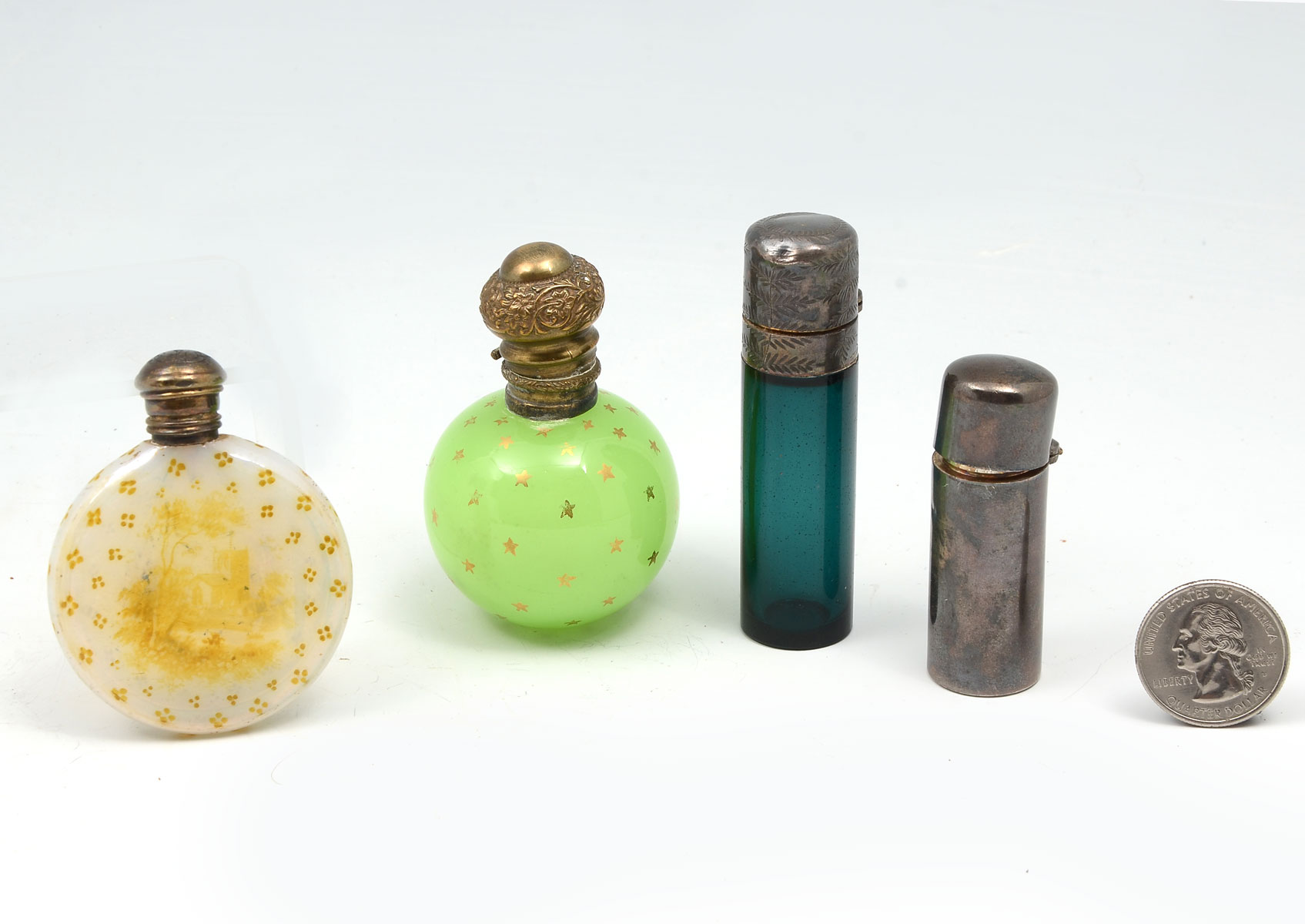 4 PIECE GLASS PERFUME BOTTLES: