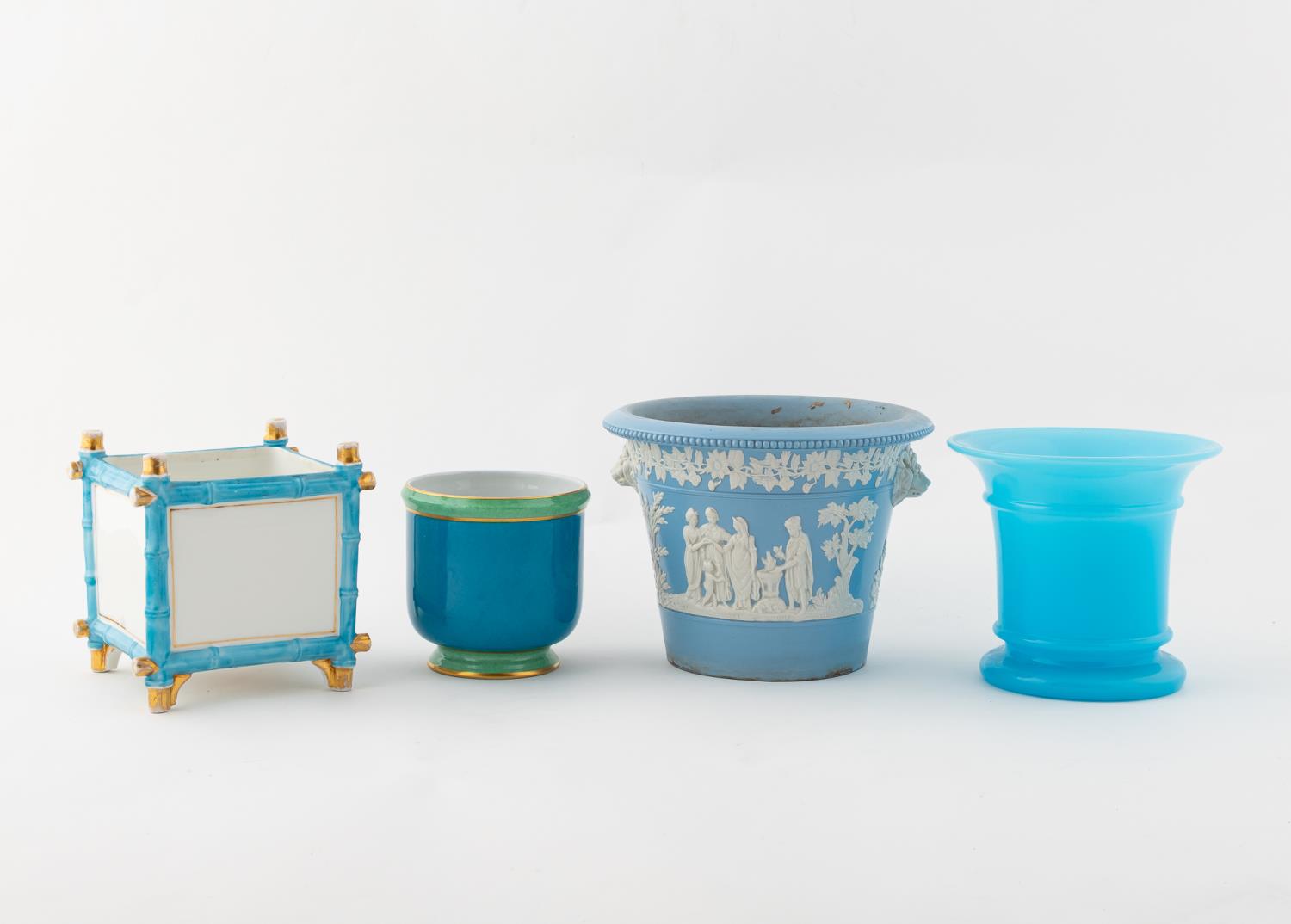4 PIECES, BLUE PLANTERS, VASES
