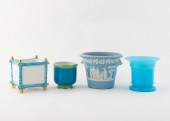 4 PIECES, BLUE PLANTERS, VASES