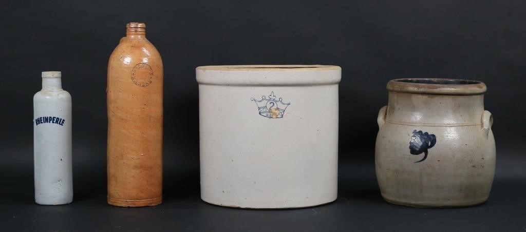 4 PIECES STONEWARE CROCKS, BOTTLES4