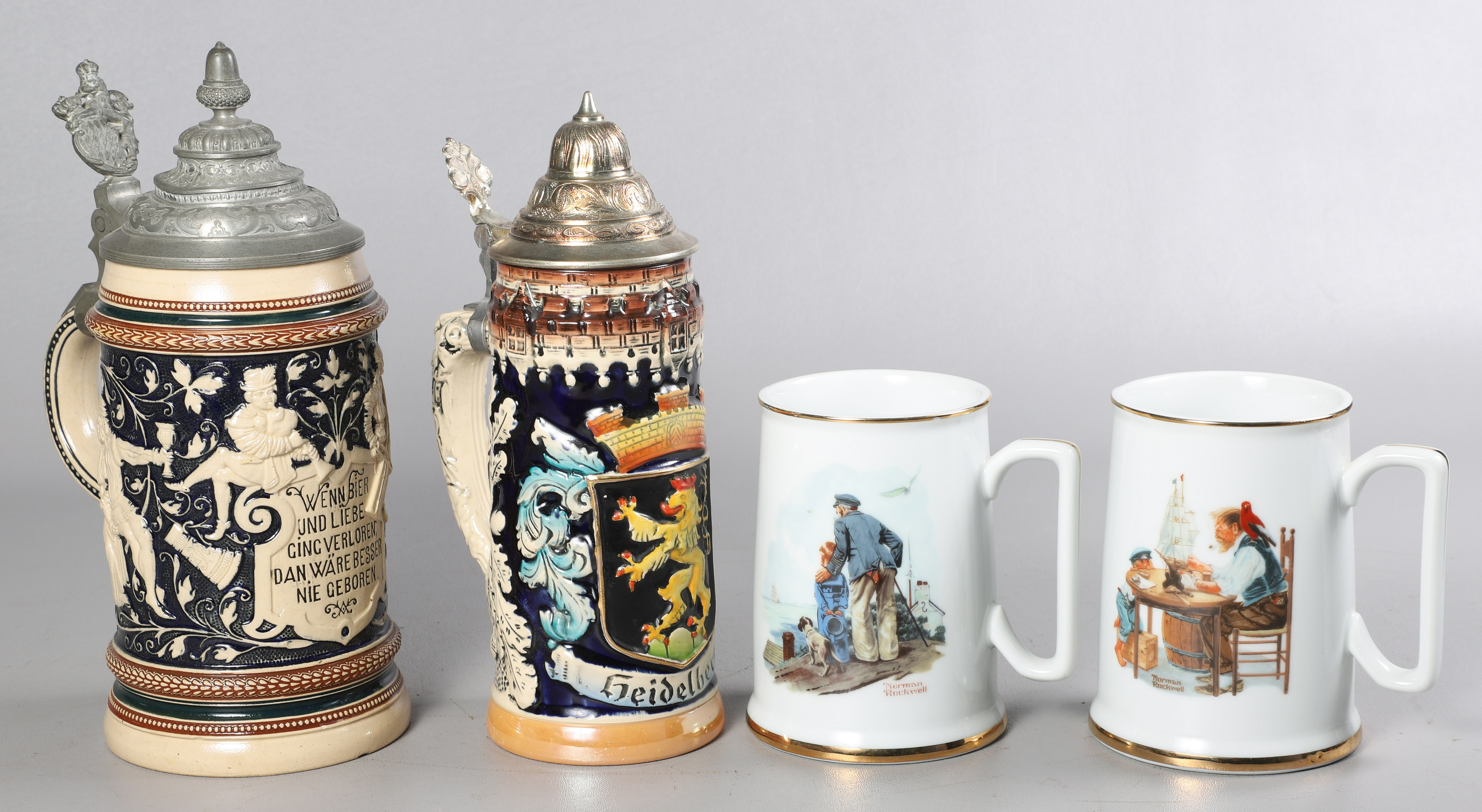 (4) Porcelain & pottery tankards,