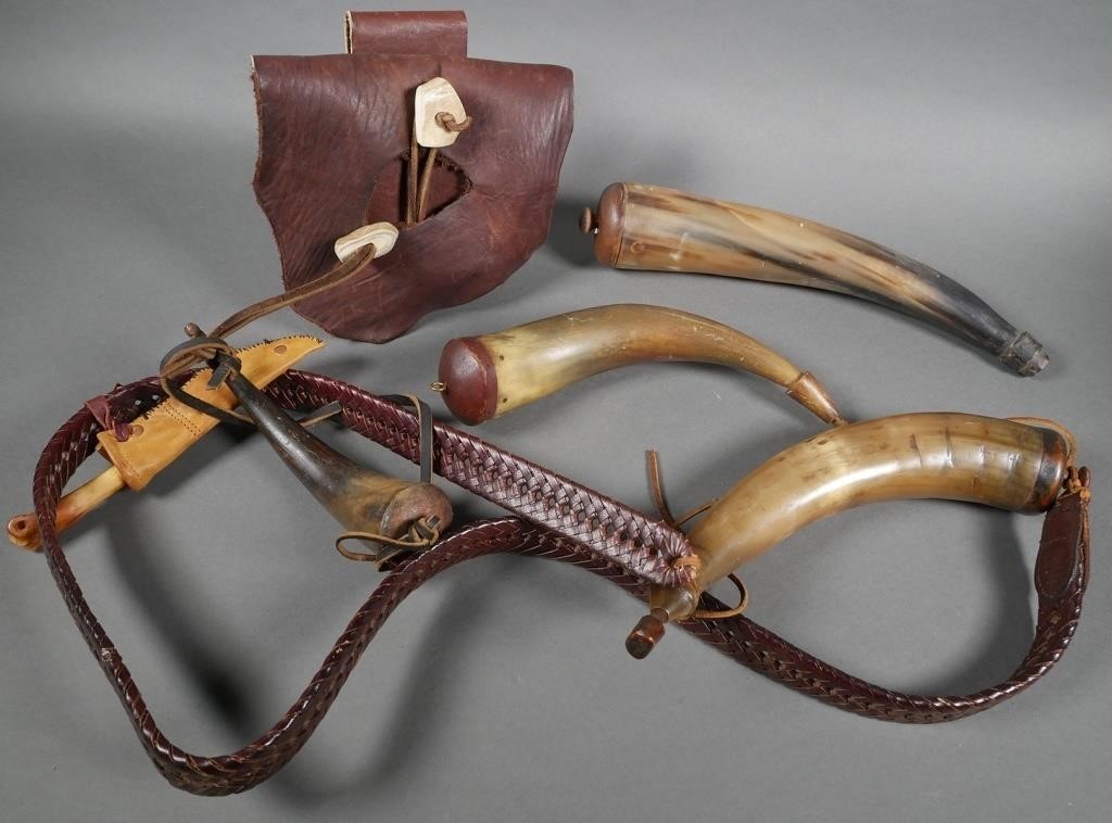 (4) POWDER HORNS, SHOT BAG &