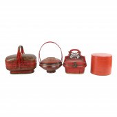 (4) Red Lacquered and woven ba
