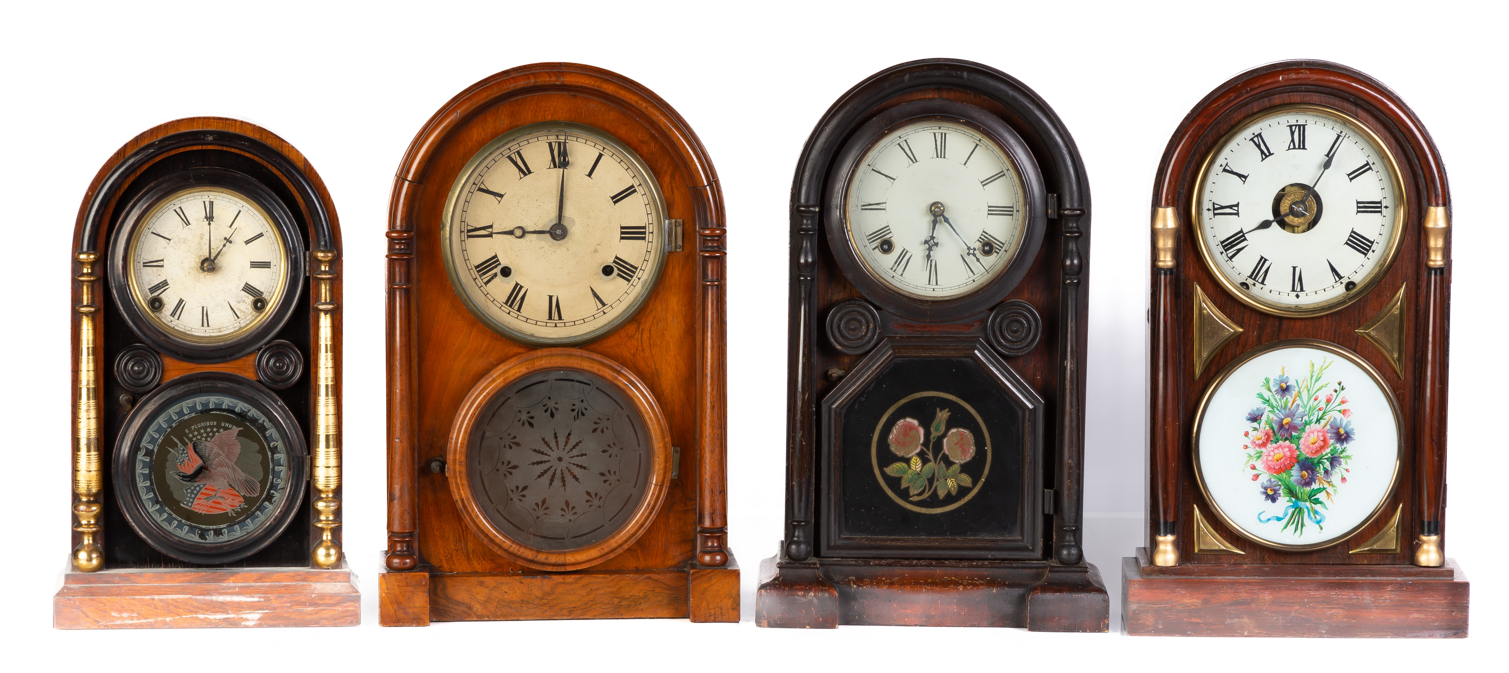(4) ROUND TOP SHELF CLOCKS 19th