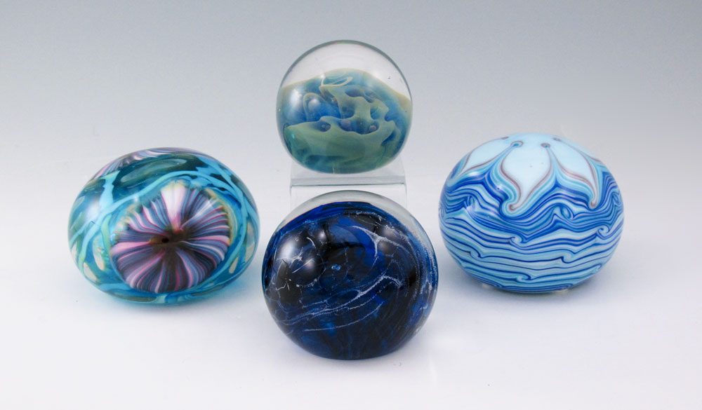 4 SIGNED ART GLASS PAPERWEIGHTS:
