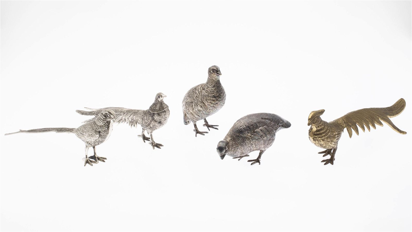 4 SILVERPLATE BIRDS AND A BRASS