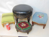 4 SMALL FOOTSTOOLS, TWO WITH E