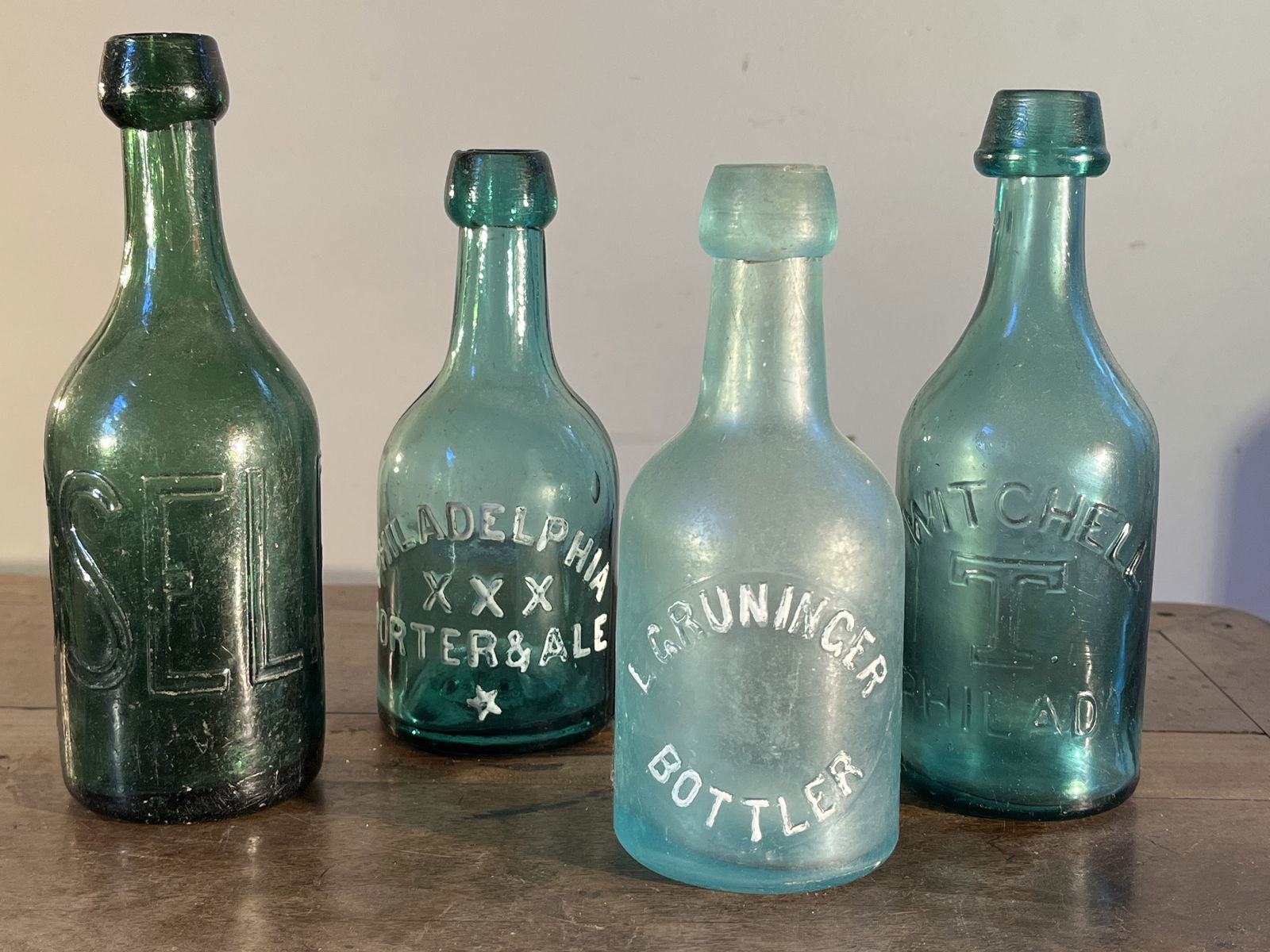4 SQUAT SODA/ALE BOTTLES CIRCA