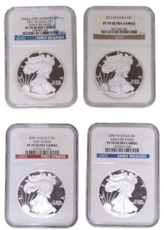 (4) US SILVER EAGLES $1, NGC