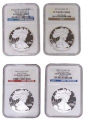 (4) US SILVER EAGLES $1, NGC P