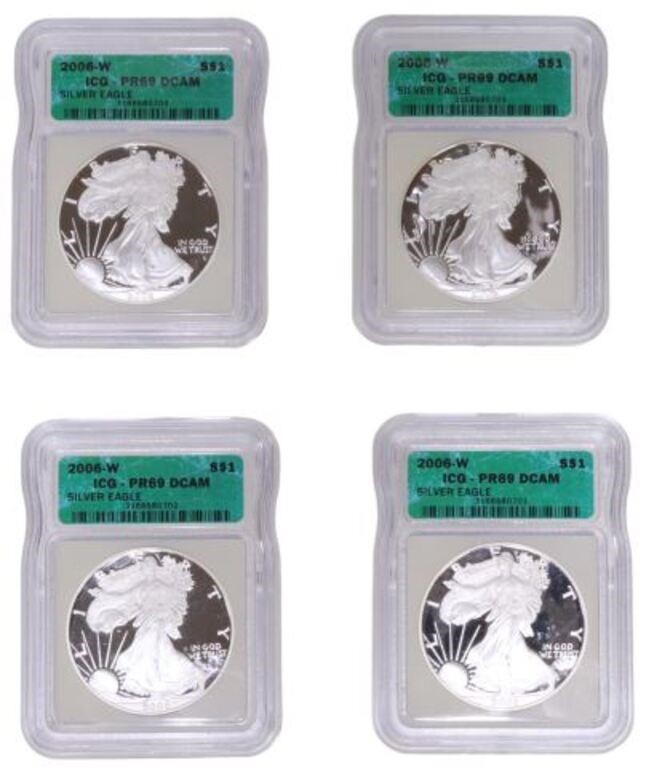 (4) US SILVER EAGLES 2006W ICG PR