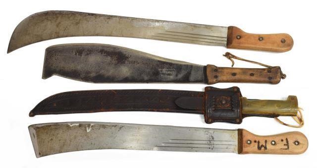 (4) VINTAGE MACHETES, ONE WITH HORN