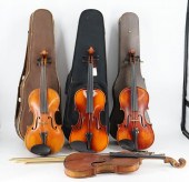 4 VINTAGE VIOLINS, 3 BOWS AND