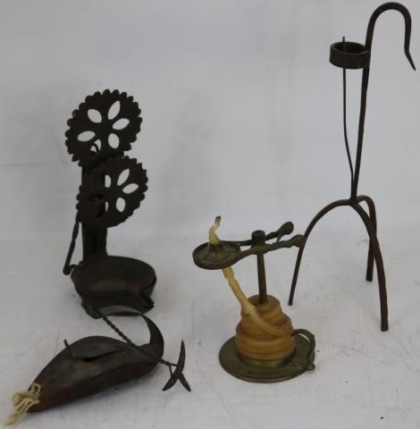 4 WROUGHT IRON AND BRASS LIGHTING