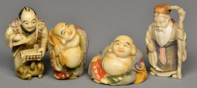 (4)Japanese Carved Polychrome Ivory