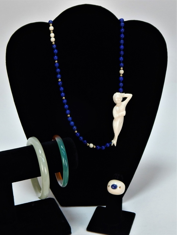 4PC 14K GOLD JADEITE BONE LAPIS