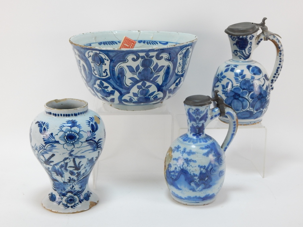 4PC 18C DELFT POTTERY VASE BOWL