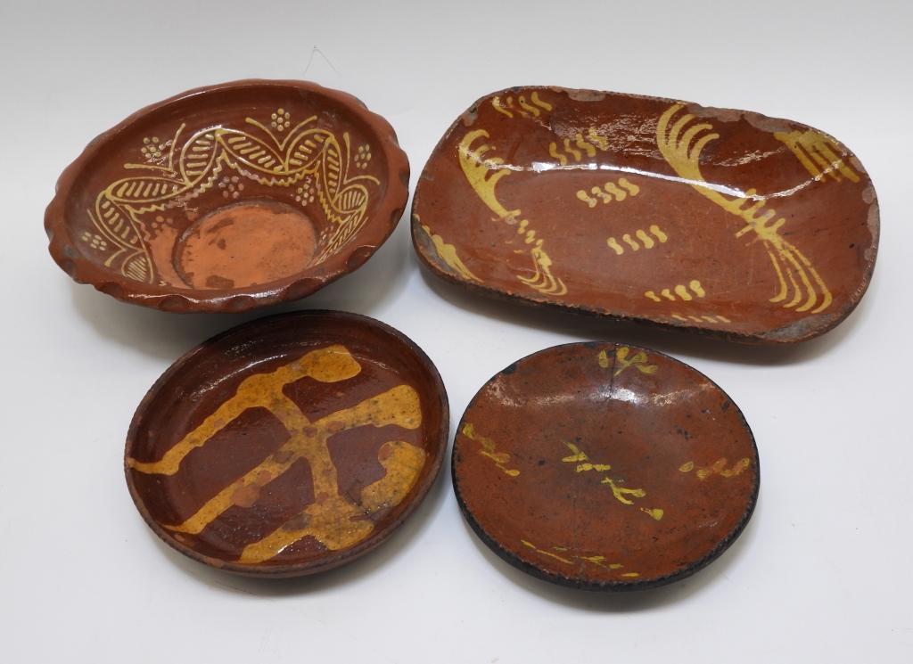 4PC 19C REDWARE BOWLS & PLATES