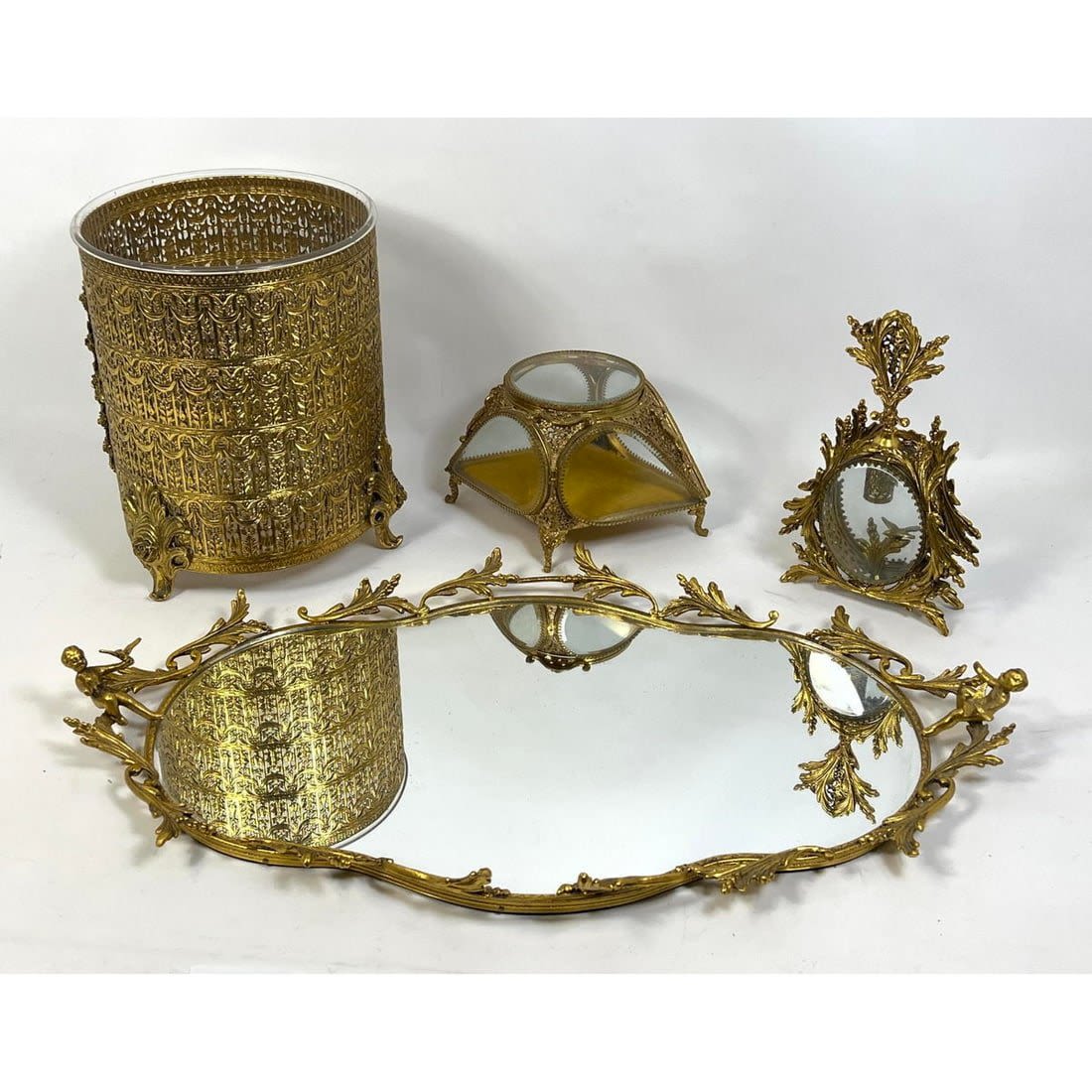 4pc Boudoir Dresser Set. Fancy Gilt