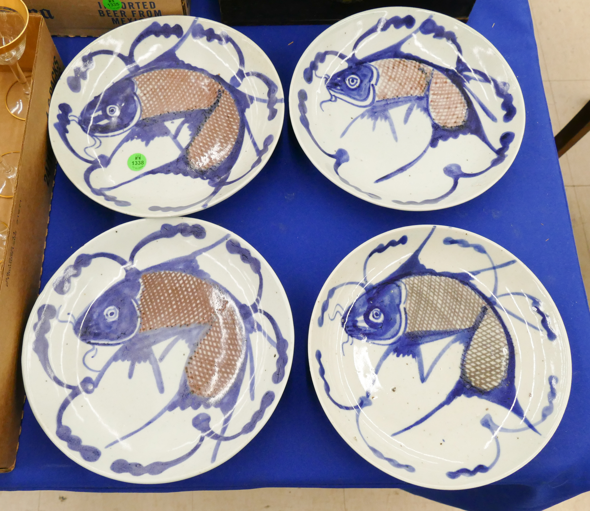 4pc Old Chinese B&W Carp Dishes-