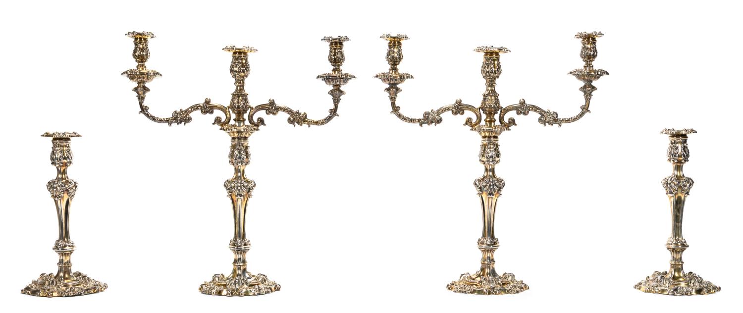 4PC PAIR SILVER GILT CANDELABRA &
