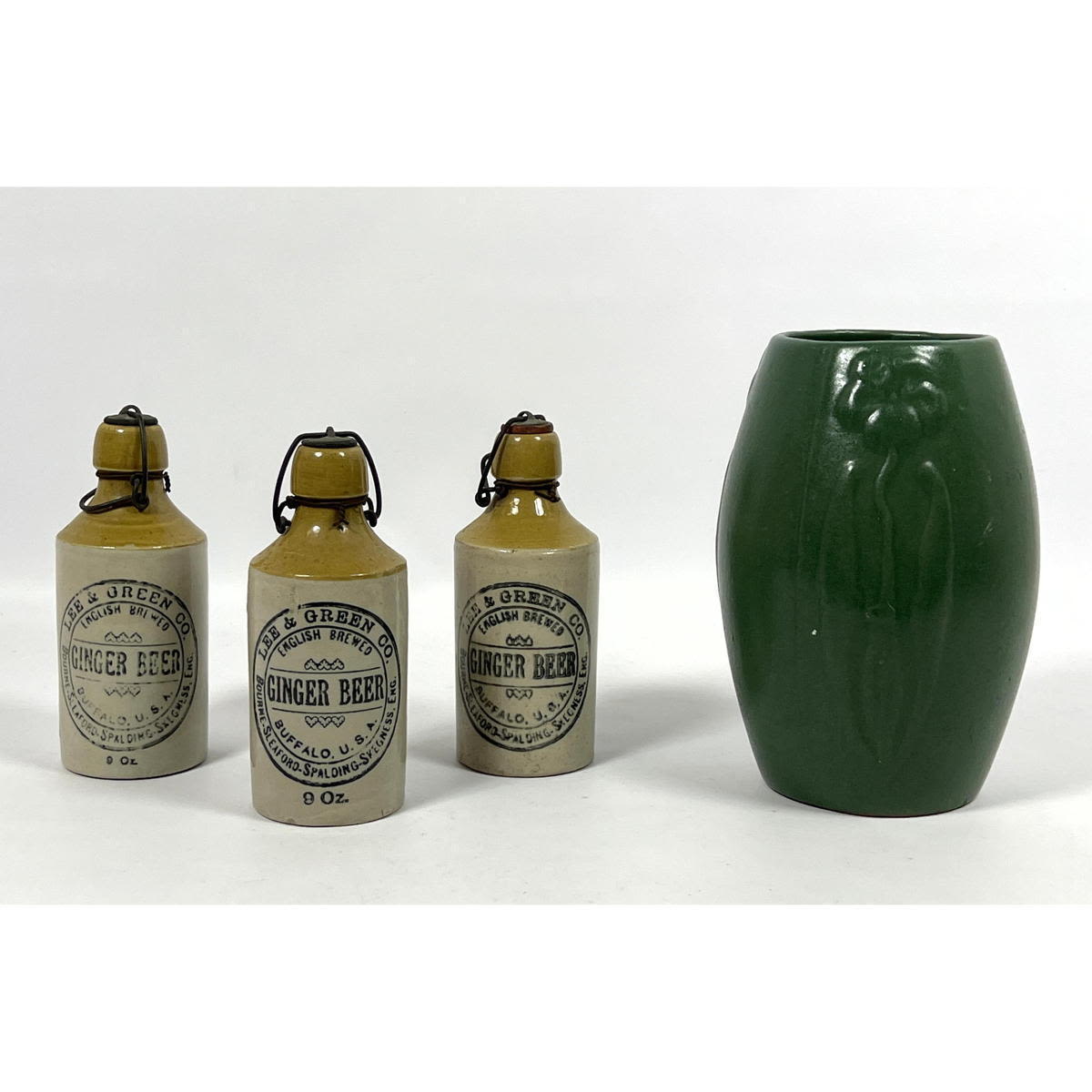 4pc stoneware pottery lot. Green