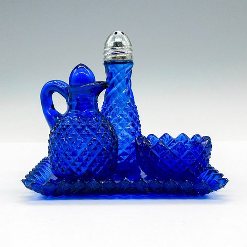 4PC VINTAGE COBALT BLUE CUT GLASS