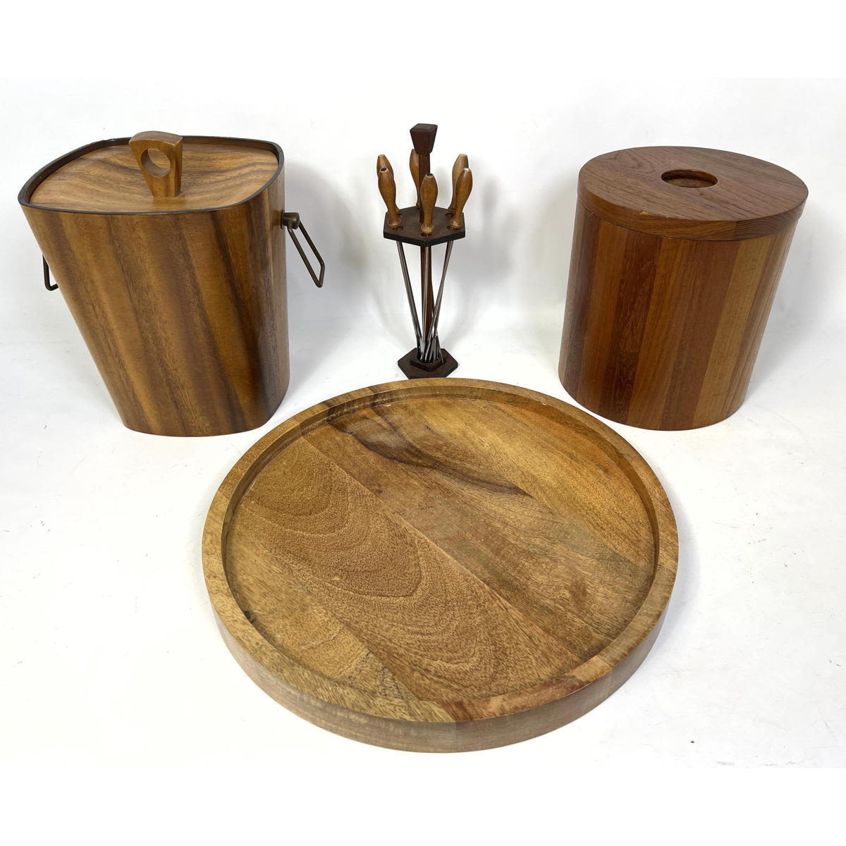 4pc wood and teak ice buckets, tray