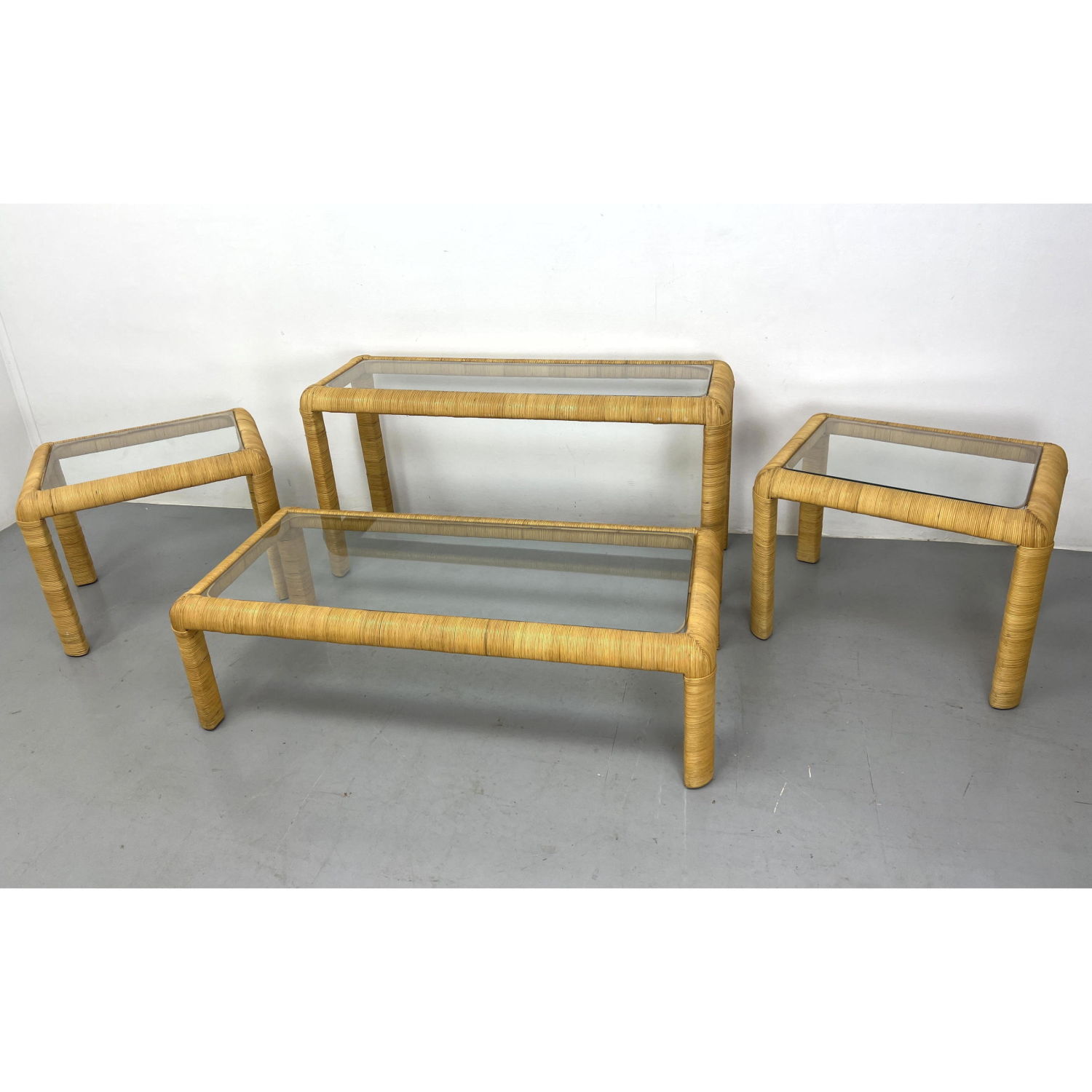 4pc wrapped rattan and glass