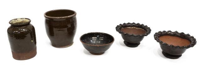 (5) AMERICAN REDWARE JUGS, BOWL &