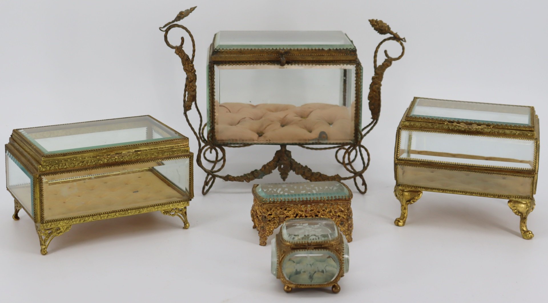 5 ANTIQUE GILT METAL MOUNTED HINGED