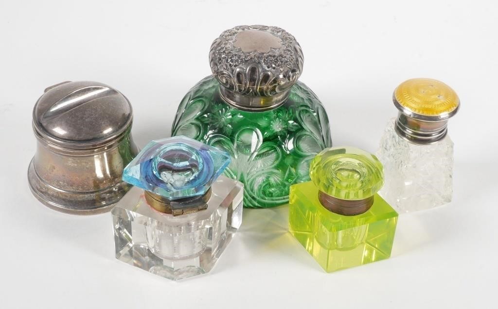 (5) ANTIQUE INKWELLS, STERLING &