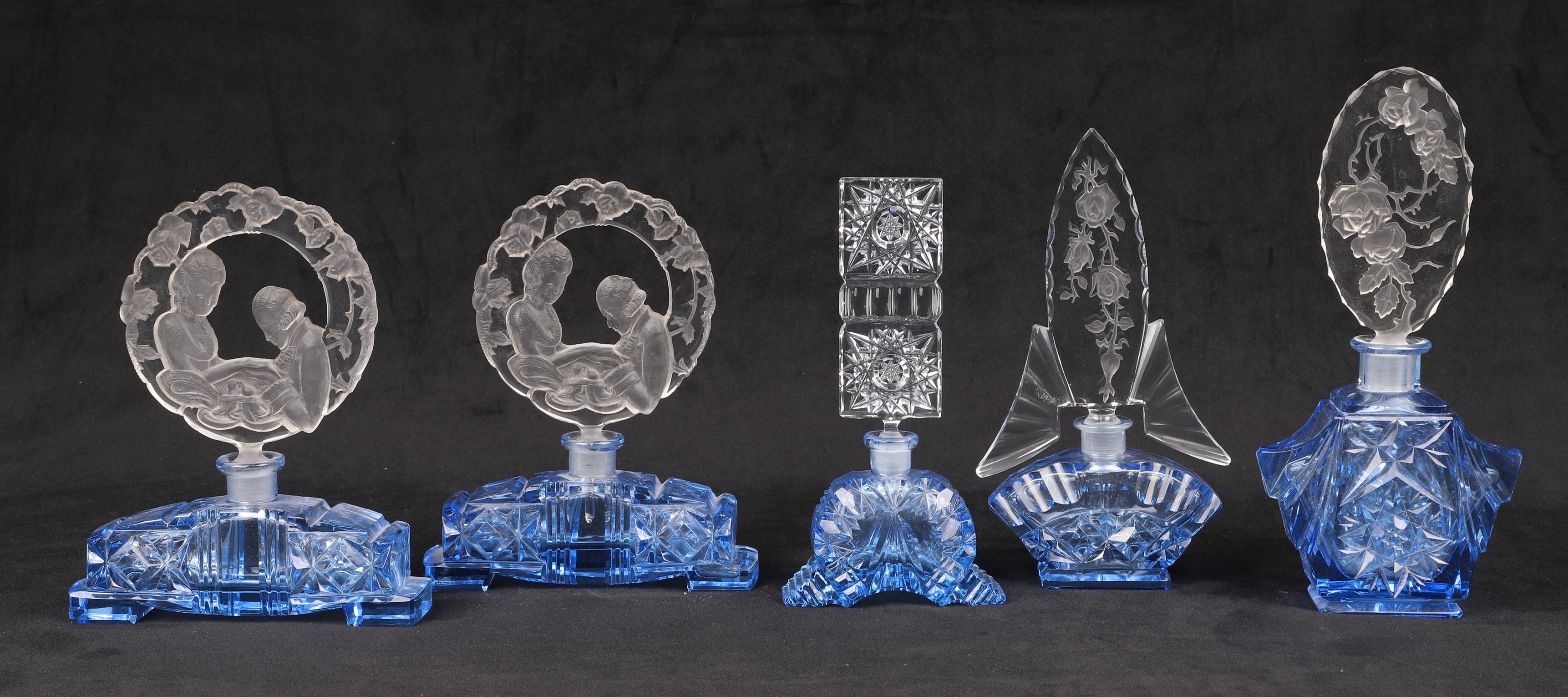 (5) Blue cut crystal scent bottles,