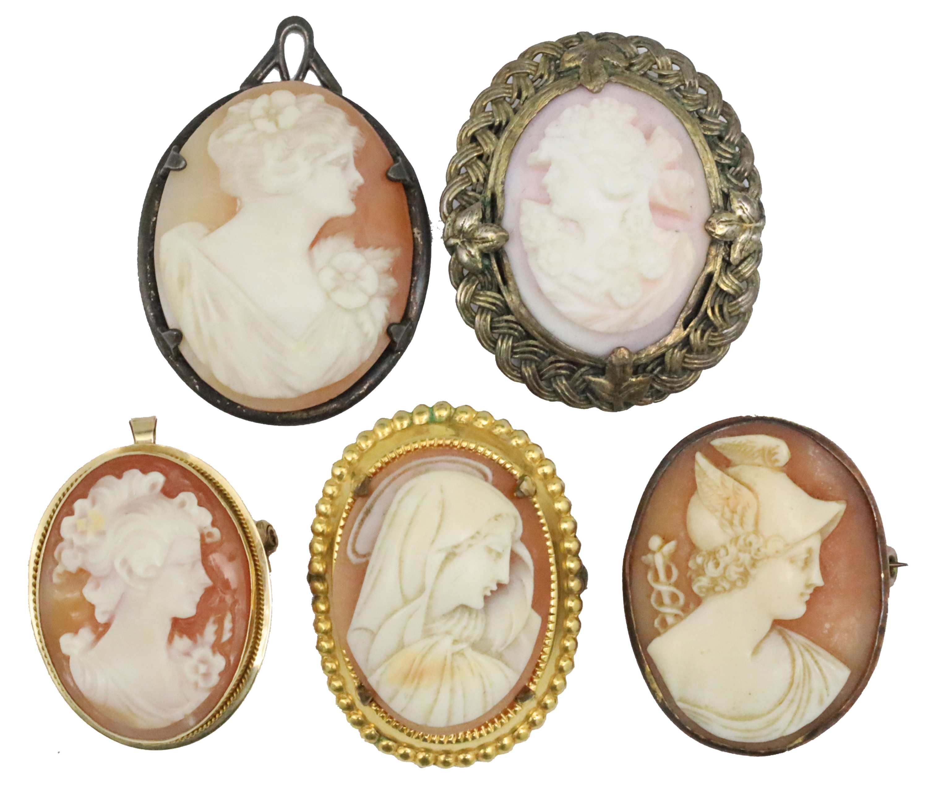 5 CAMEO BROOCH PINS INCL. 14K