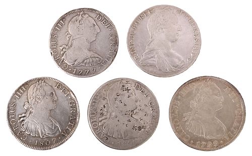 (5) CAROLUS COINS, MEXICO, BOLIVIA,