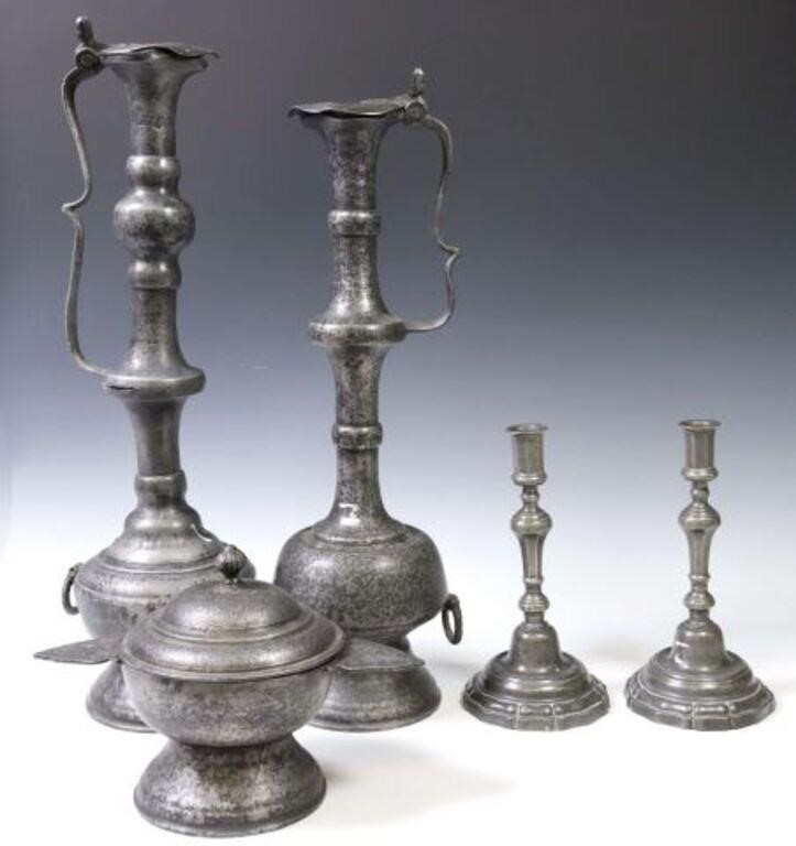 (5) CONTINENTAL PEWTER EWERS,