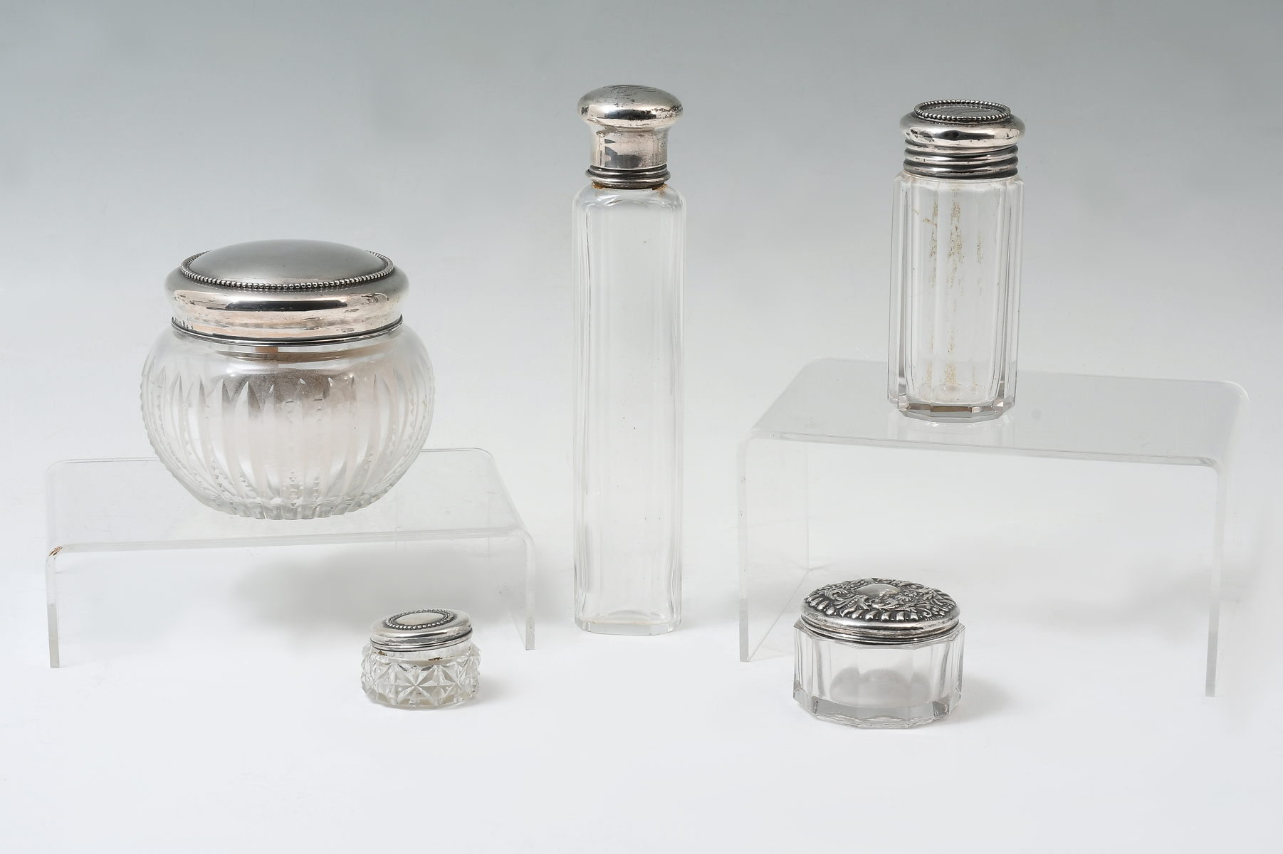 5 CUT GLASS VANITY BOTTLES WITH