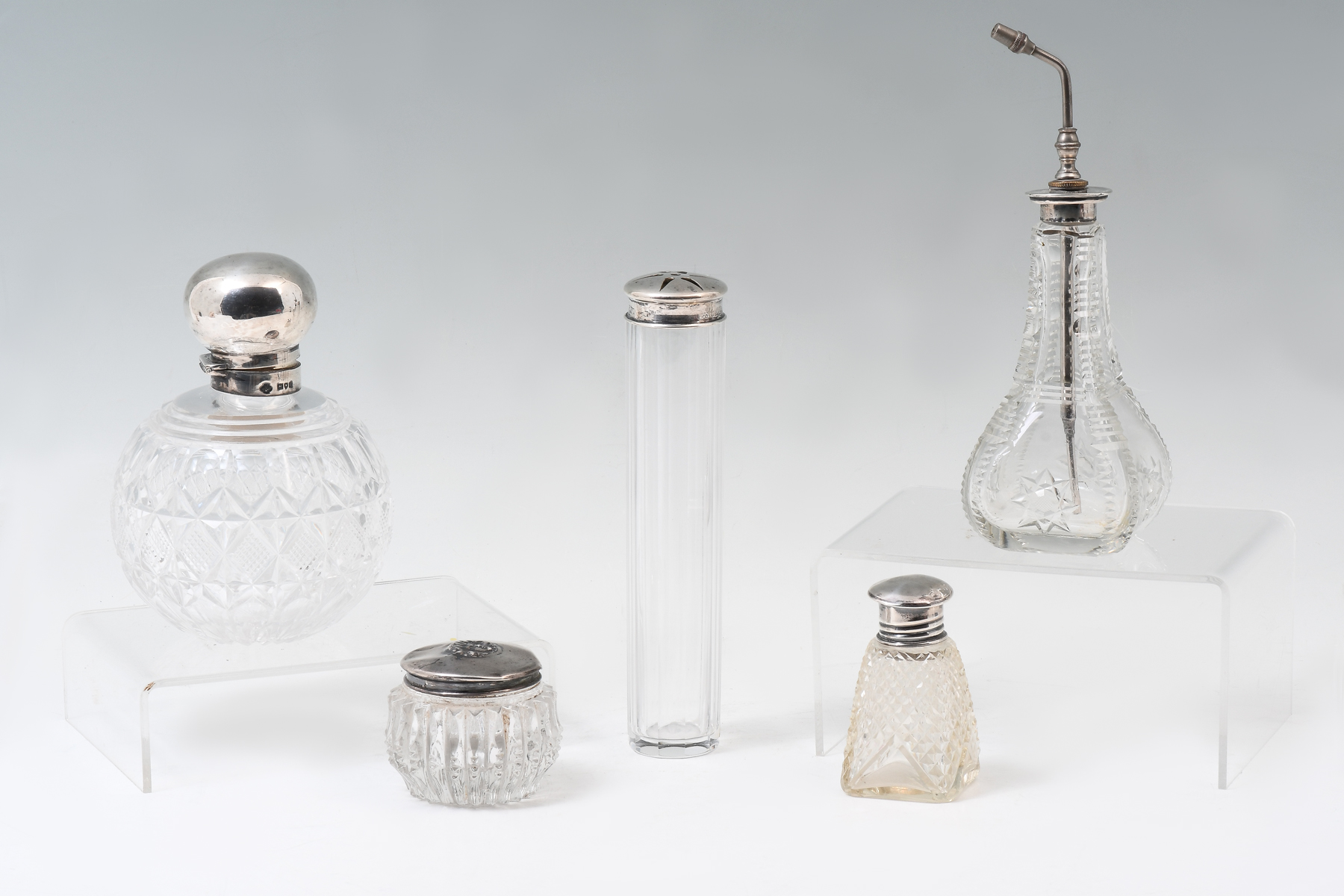 5 CUT GLASS VANITY BOTTLES WITH