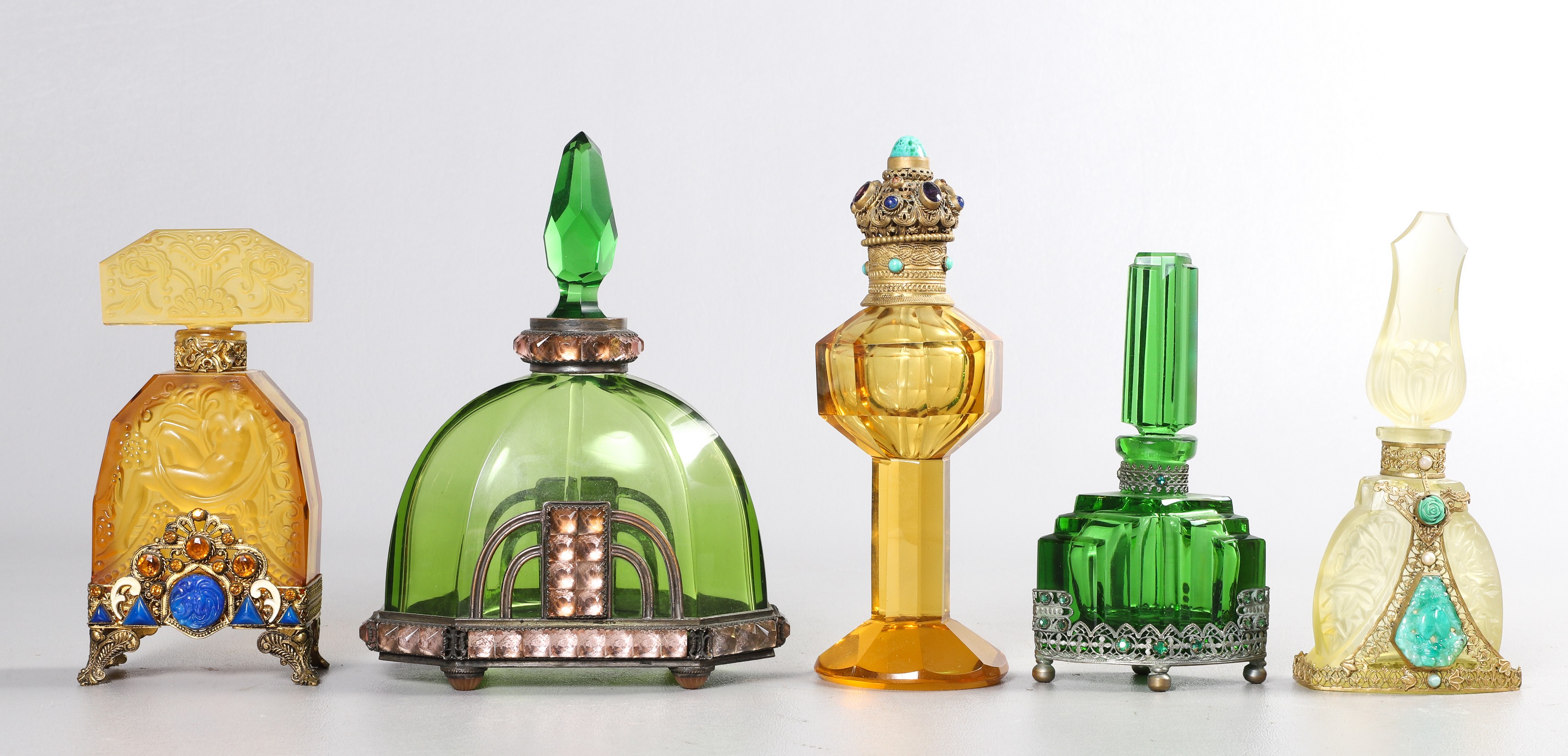 (5) Czech Art Deco scent bottles to