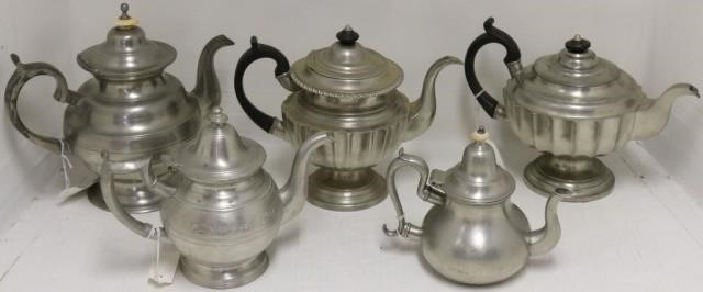 5 EARLY 19TH C PEWTER TEA POTS,