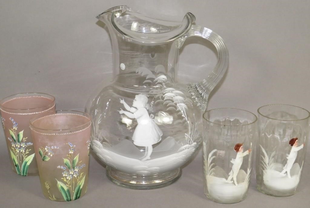 5 ENAMELED GLASS ITEMSca. 1890;