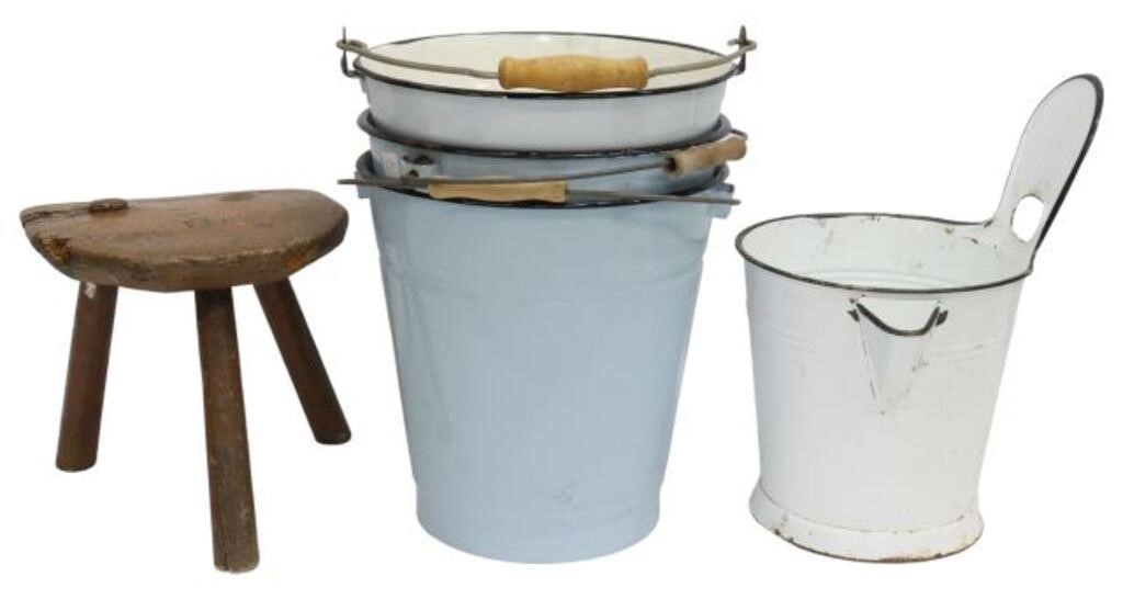 (5) ENAMELED METAL MILK PAILS &
