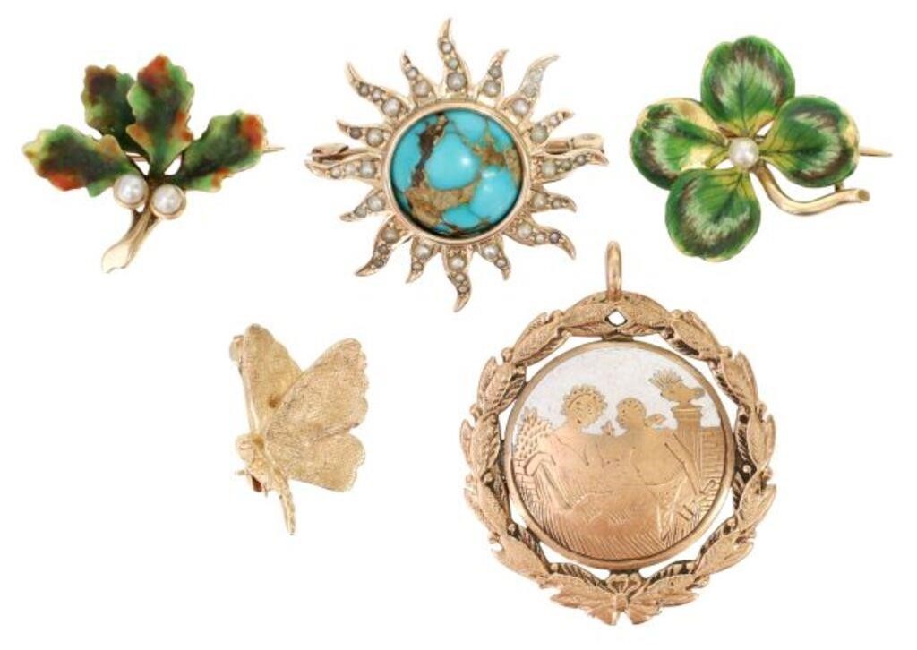 (5) ESTATE YELLOW GOLD & ENAMEL